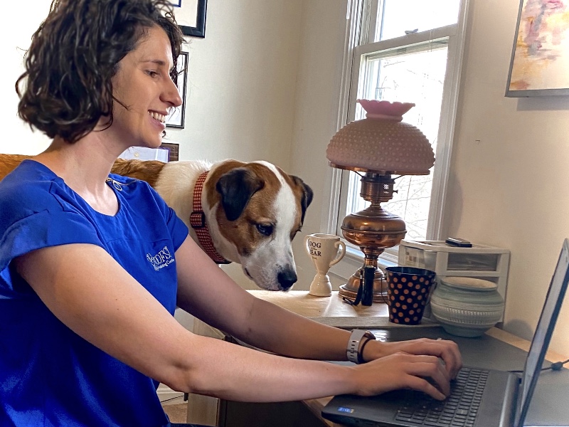 Person and dog together at the computer
