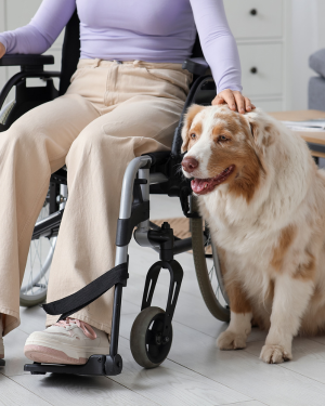Service Dog FAQs—a red and white merle Australian Shepherd sits in heel position beside a woman sitting in a wheelchair